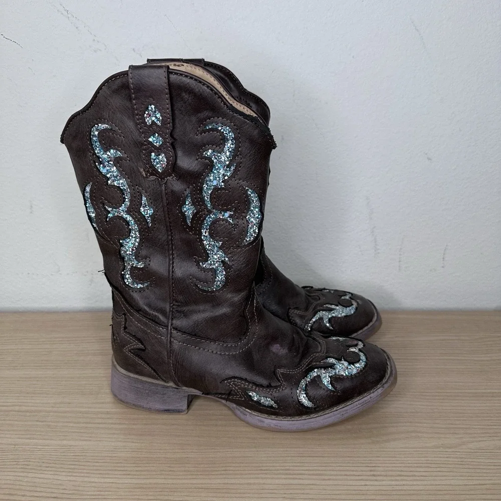 Roper Little Kids Glitter Gypsy Western Boot - Brown Blue Sparkles Size 2